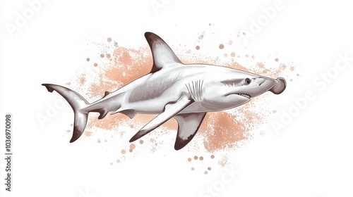  A drawing of a great white shark with a paint splash at its tail end photo