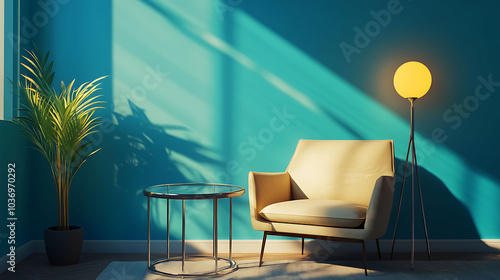 A cozy living room with a yellow armchair, a glass table, and a floor lamp against a blue wall with sunlight streaming in.