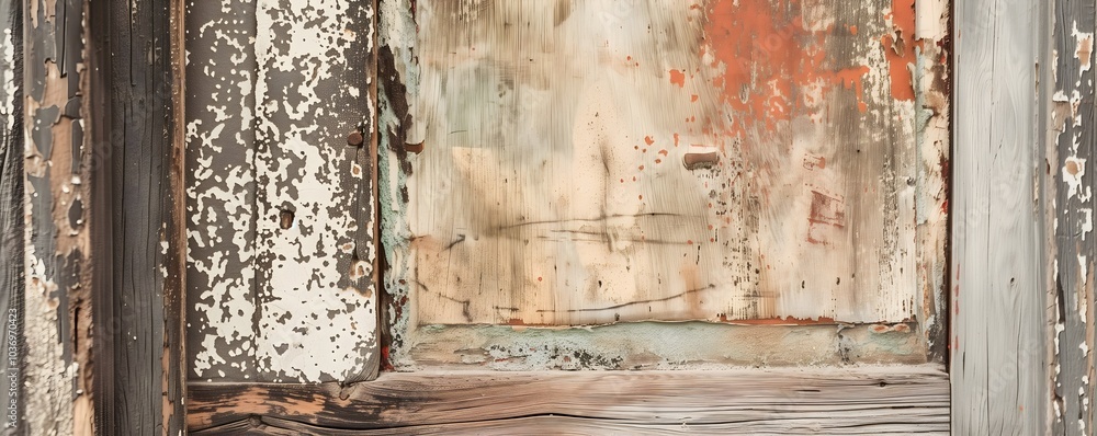 Close-up distressed wooden surface peeling paint layers in various colors and textures, weathered patina of time vintage rustic design Close-up distressed wooden surface peeling paint layers in various colors and textures, weathered patina of time vintage rustic design