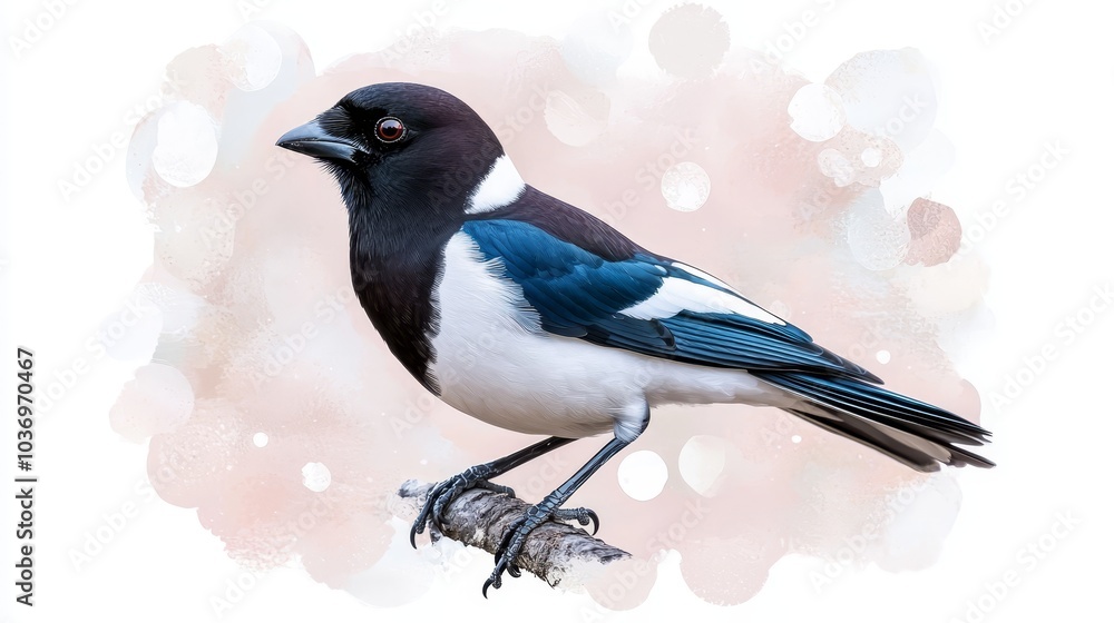 Obraz premium A black-and-white bird perches on a wooden branch against a backdrop of pink and white flowered foliage