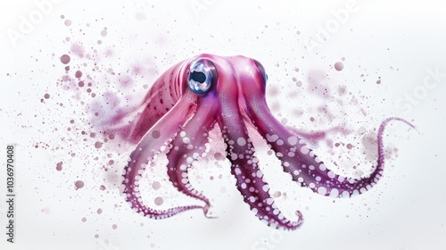  A tight shot of an octopus against a white backdrop, its tentacles encircling a solitary, blue eyeball photo