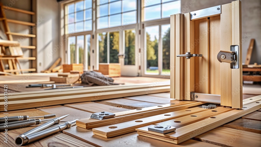 A partially constructed door frame with wood planks, metal hinges, and tools scattered around, set against a blurred blueprints background with architectural lines. A partially constructed door frame with wood planks, metal hinges, and tools scattered around, set against a blurred blueprints background with architectural lines.