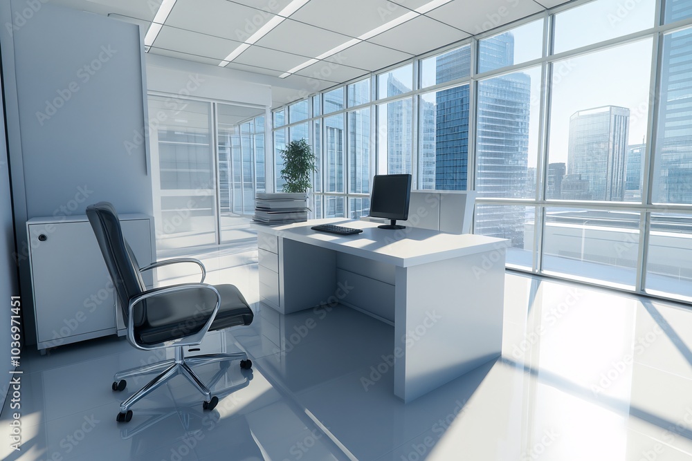 Fototapeta premium Modern Office Interior with City View - Minimalist Workspace Design