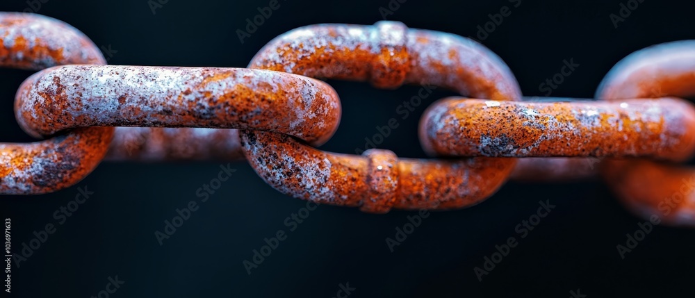A tight shot of a rusted chain against a black backdrop Overlaid, a softly blurred depiction of additional rusted chains A tight shot of a rusted chain against a black backdrop Overlaid, a softly blurred depiction of additional rusted chains