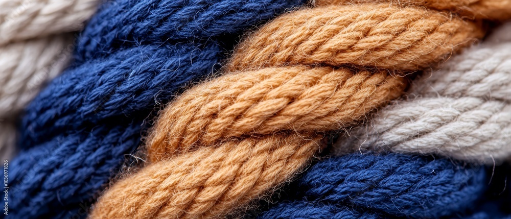 A tight shot of a multi-colored rope against a backdrop of a blanket made from white, blue, orange, and white yarn A tight shot of a multi-colored rope against a backdrop of a blanket made from white, blue, orange, and white yarn