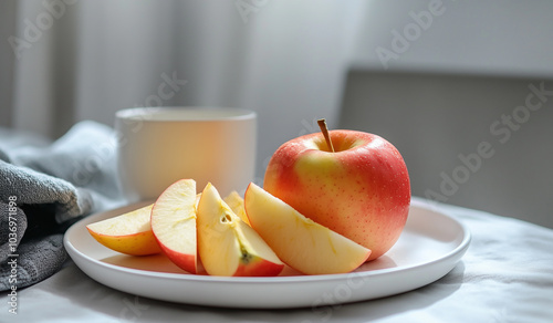 Simple Snack Scene with Apple Slices on a White Ceramic Plate, generative ai