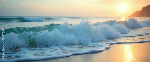  Waves gently hitting the beach at sunrise