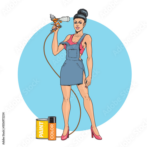 Young attractive woman holding airbrush spray tool, isolated on the white background. Car paint service, color paint cans. Pin up style hand drawn vector illustration.