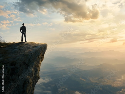 Visionary Business Leader Stands Atop Cliff Overlooking Vast Landscape Symbolizing Bold Risk Taking