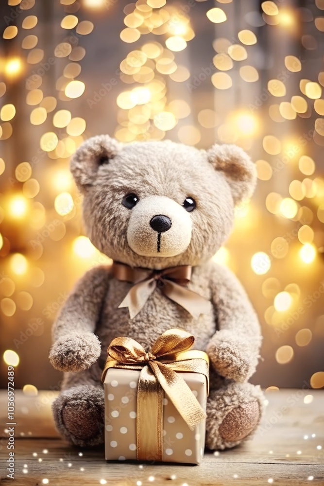 Teddy bear. Winter holiday greeting card or sticker with 3D toy character of brown bear and gift box present on gold glitter sparkles, bokeh festive decor. Collection in Christmas and New Year style. Teddy bear. Winter holiday greeting card or sticker with 3D toy character of brown bear and gift box present on gold glitter sparkles, bokeh festive decor. Collection in Christmas and New Year style.