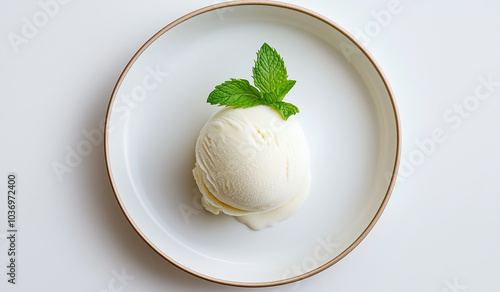 Minimalist Dessert Plate with a Single Scoop of Vanilla Ice Cream Topped with a Mint Leaf, generative ai