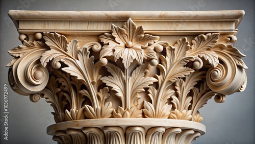 Intricately carved Corithian column capital adorned with organic acanthus leaves curls, showcasing ancient Greek architectural detail in neutral tones and soft natural lighting. photo