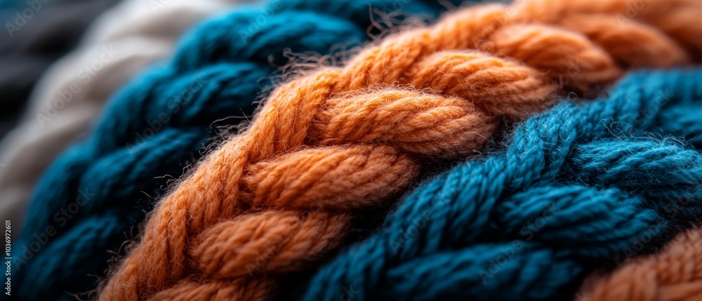 A tight shot of a blue, orange, and white yarn bundle with a knotted end A tight shot of a blue, orange, and white yarn bundle with a knotted end