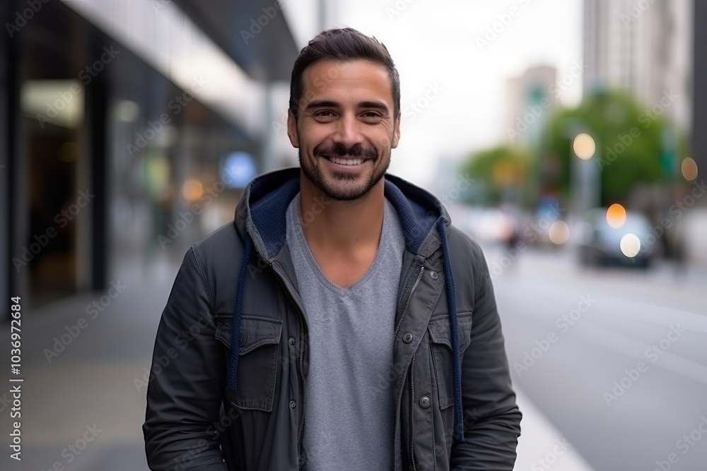 Portrait of a handsome young man smiling at the camera in the street Portrait of a handsome young man smiling at the camera in the street