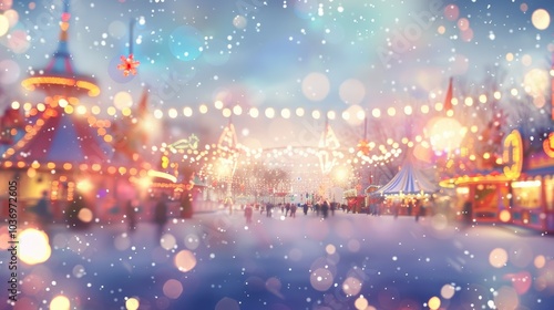Whimsical Christmas amusement park with blurred colorful lights and festive decor