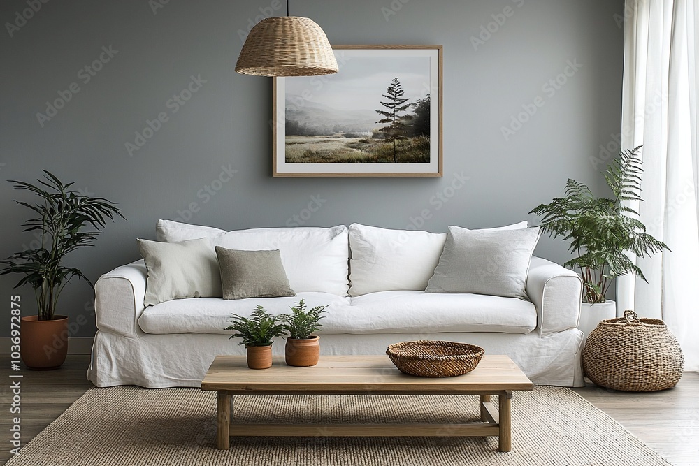 Fototapeta premium Minimalist, contemporary interior of the living room with walls hanging with art frames and lighting from the ceiling. Generative AI 