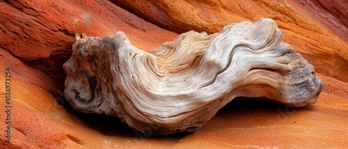  A drifty piece of wood atop a red rock, surrounded by orange and yellow sand, rests beside another similar wood drift photo