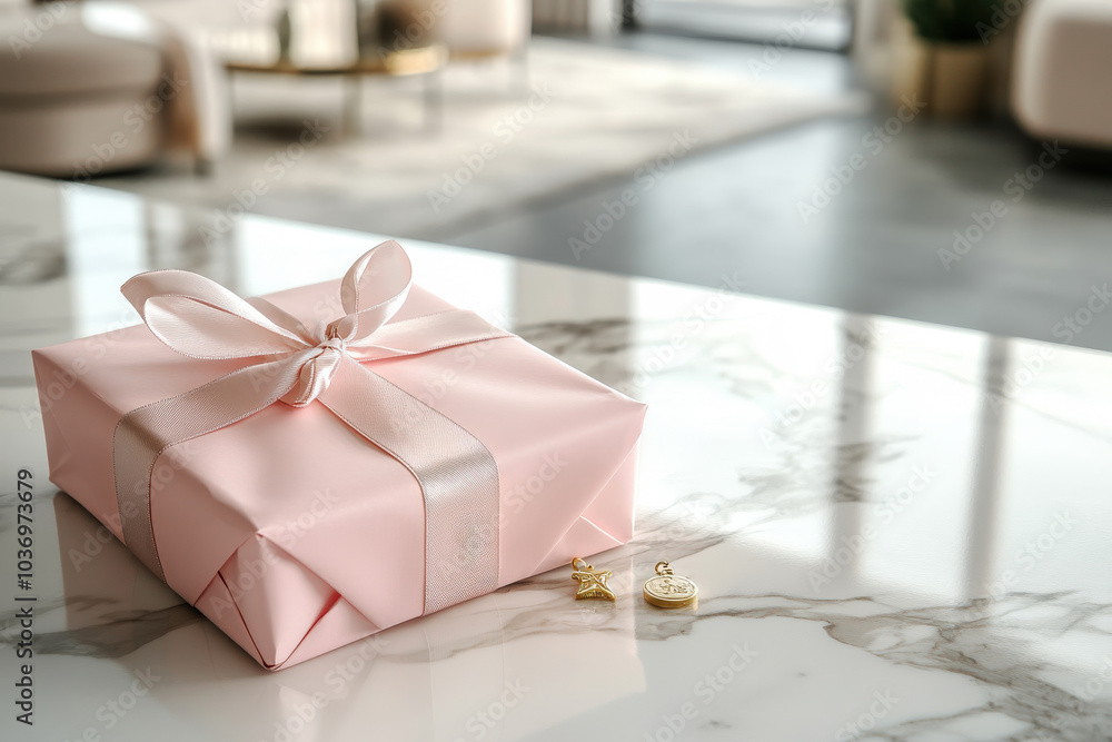 Elegant Pink Gift Box on Marble Table Elegant Pink Gift Box on Marble Table
