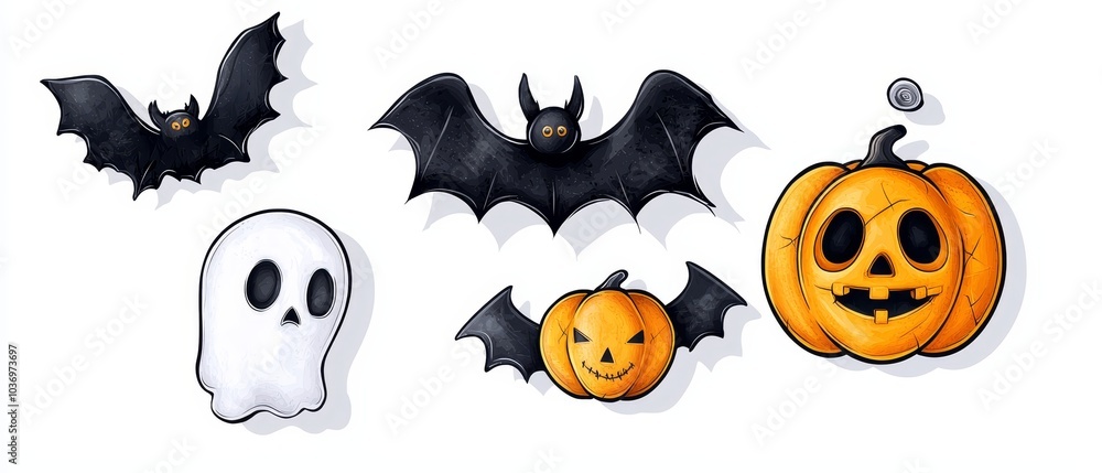 Naklejka premium Skull-shaped pumpkin with bats, Bat decoration, Ghost figurine