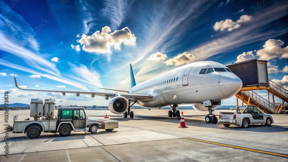 Commercial airliner parked on a sunny airport runway, surrounded by luggage carts and fuel trucks, with a clear blue sky and few clouds in background. Commercial airliner parked on a sunny airport runway, surrounded by luggage carts and fuel trucks, with a clear blue sky and few clouds in background.