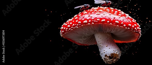  A tight shot of a mushroom bearing a dragonfly atop and an additional insect on its summit photo