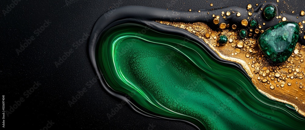Obraz premium A tight shot of a green-gold liquid against a black backdrop, studded with golden flakes and dotted with water droplets