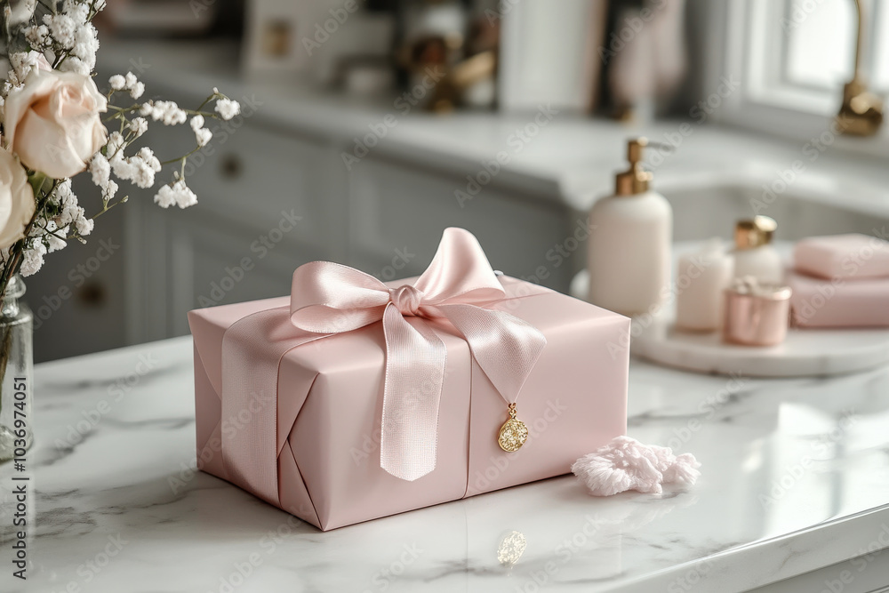 Gift Wrapped in Pink Ribbon on Marble Counter Gift Wrapped in Pink Ribbon on Marble Counter