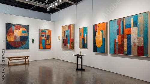 Image of modern paintings hanging on the wall in art studio during exhibition