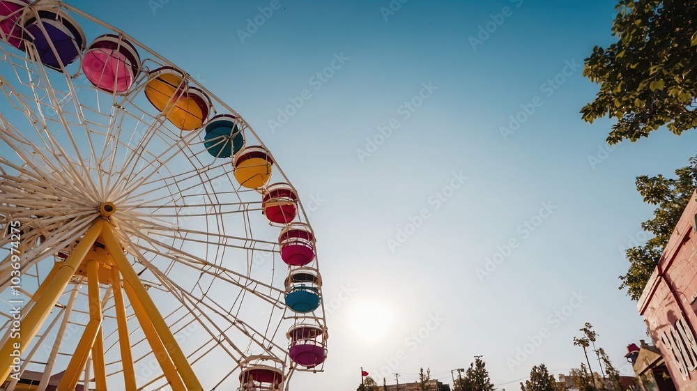Fototapeta premium A breathtaking low-angle view of a vibrantly lit ferris wheel set against the backdrop of a deep blue evening sky, capturing the essence of joy and celebration.