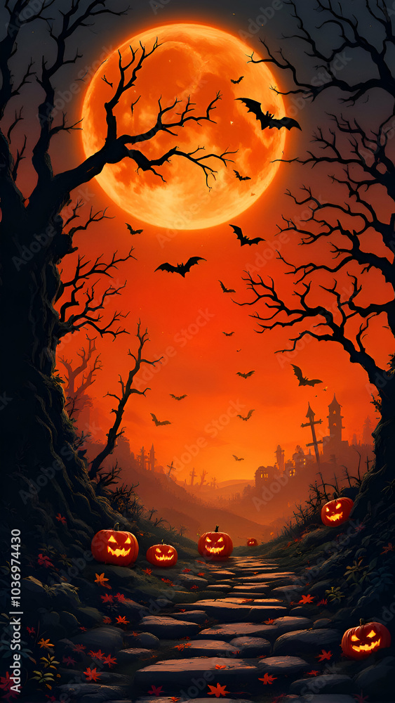A spooky Halloween scene with a cobblestone path leading through a forest under a large, bloodorange moon, surrounded by jackolanterns and flying bats. A spooky Halloween scene with a cobblestone path leading through a forest under a large, bloodorange moon, surrounded by jackolanterns and flying bats.