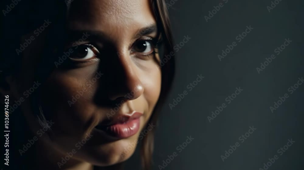 Moody portrait of a woman with intense gaze against dark background Moody portrait of a woman with intense gaze against dark background