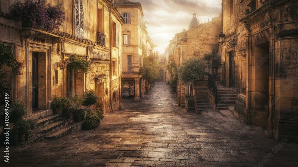Fototapeta premium Charming Old Town Street With Warm Sunshine Glow
