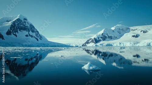 Serene Glacial Landscape with Reflection and Icebergs