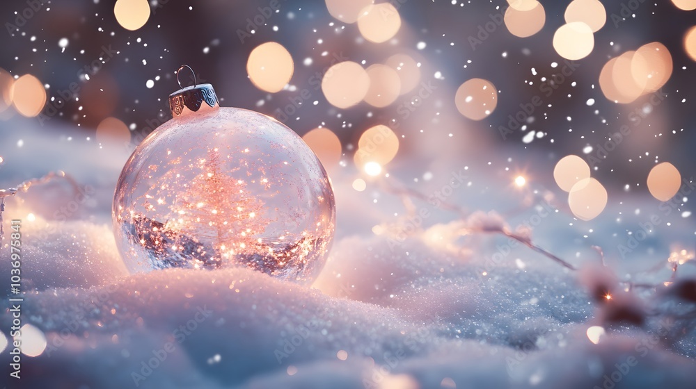 A Christmas Ornament Reflecting a Lighted Tree in a Wintery Scene A Christmas Ornament Reflecting a Lighted Tree in a Wintery Scene