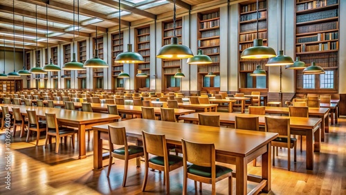 Wallpaper Mural Empty tables and chairs arranged in rows in a quiet and peaceful library with bookshelves and lamps, awaiting students and researchers to occupy. Torontodigital.ca