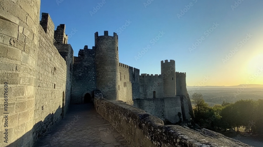 Medieval Castle at Sunset with Towering Walls Medieval Castle at Sunset with Towering Walls