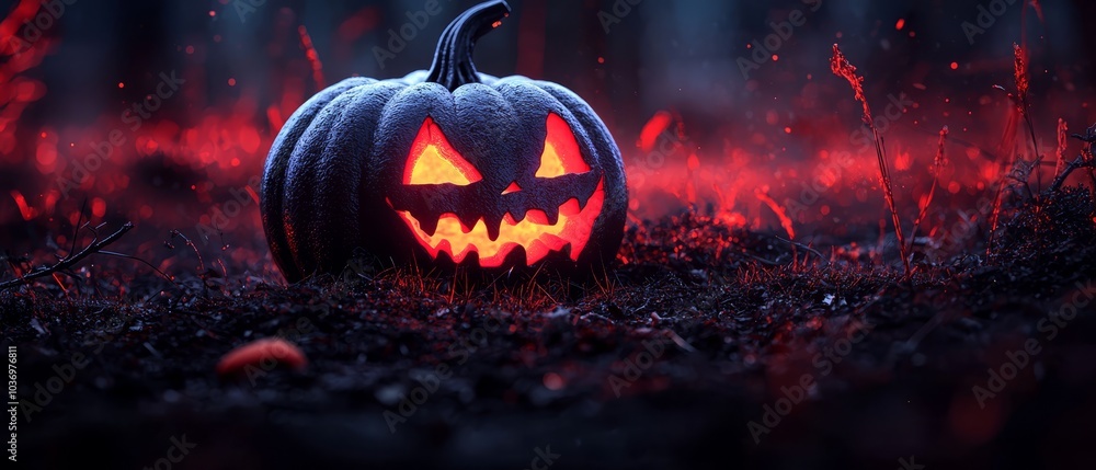 Fototapeta premium A glowing jack-o-lantern pumpkin sits in the middle of a field, its face aglow with a radiant red light
