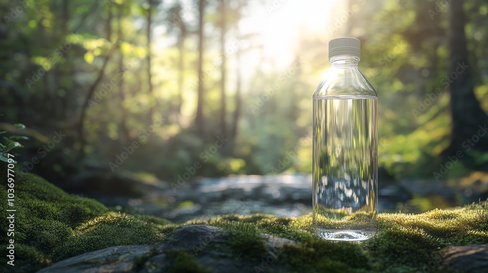 Refreshing Serenity: A Clear Water Bottle Glimmering in the Lush Green Forest with Sunlight Filtering Through the Trees Refreshing Serenity: A Clear Water Bottle Glimmering in the Lush Green Forest with Sunlight Filtering Through the Trees