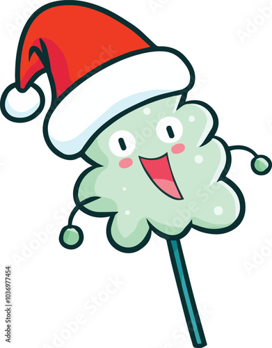 Cute and funny cotton candy cartoon character wearing santa's hat celebrating christmas