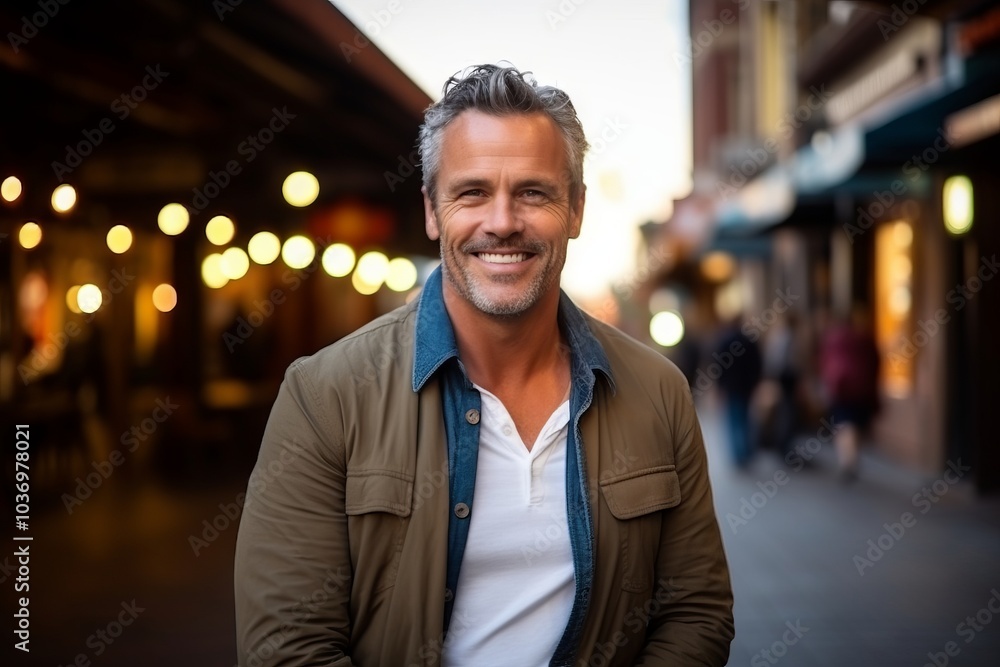 Portrait of a handsome middle-aged man smiling at the camera in a city street. Portrait of a handsome middle-aged man smiling at the camera in a city street.