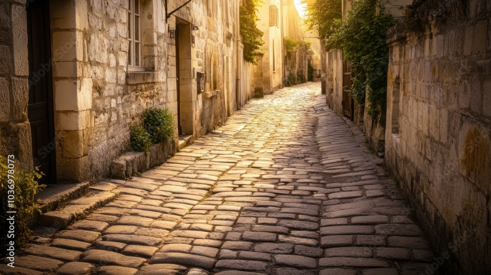 Serene Cobblestone Pathway in Golden Light Serene Cobblestone Pathway in Golden Light