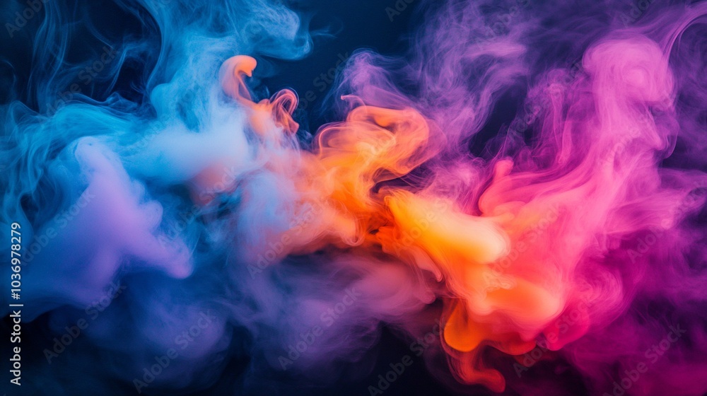 Obraz premium Abstract colorful smoke pattern in blue, orange and red on a dark background.