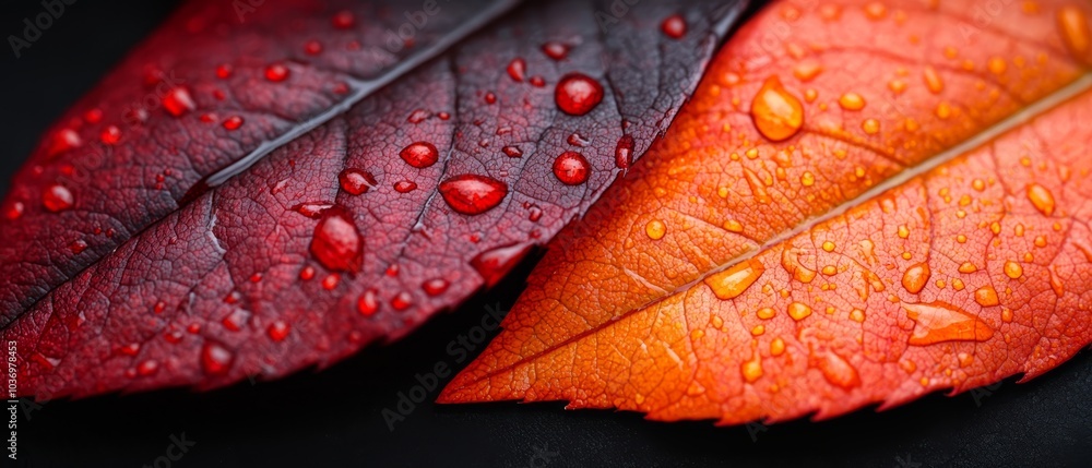 Fototapeta premium Two red leaves and one orange leaf, each with water droplets, on a black surface against a black background