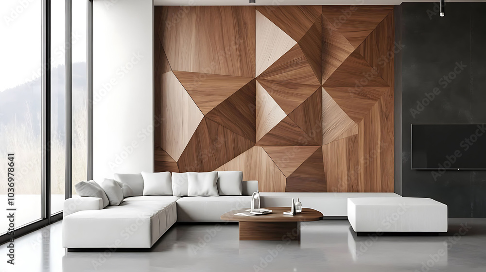 Modern living room with white sectional sofa, wood accent wall, and large window. Modern living room with white sectional sofa, wood accent wall, and large window.