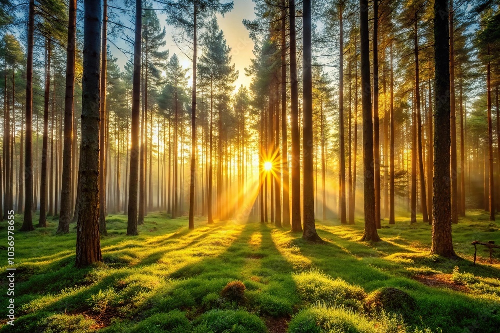 A tranquil forest awakens to a gentle sunrise, casting a warm glow over the trees and underbrush, nature, serene, tree A tranquil forest awakens to a gentle sunrise, casting a warm glow over the trees and underbrush, nature, serene, tree