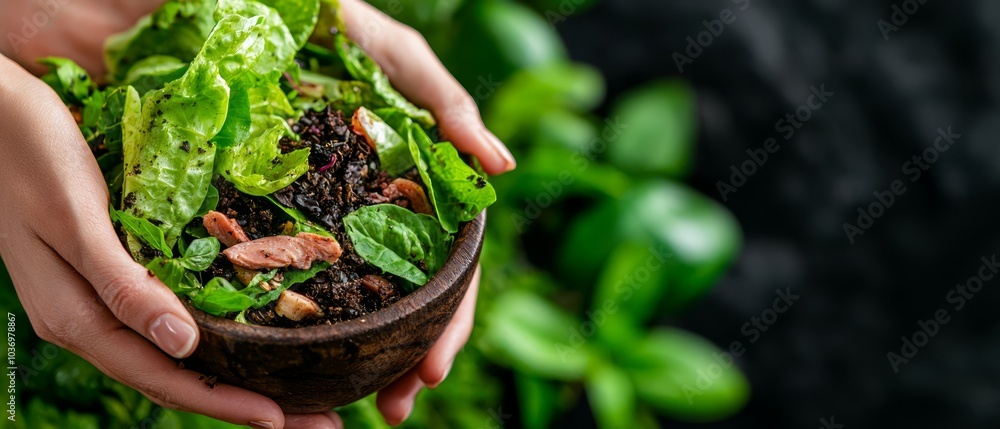 A tight shot of an individual's hands cradling a full bowl, brimming with lettuce, nuts, and assorted vegetables A tight shot of an individual's hands cradling a full bowl, brimming with lettuce, nuts, and assorted vegetables