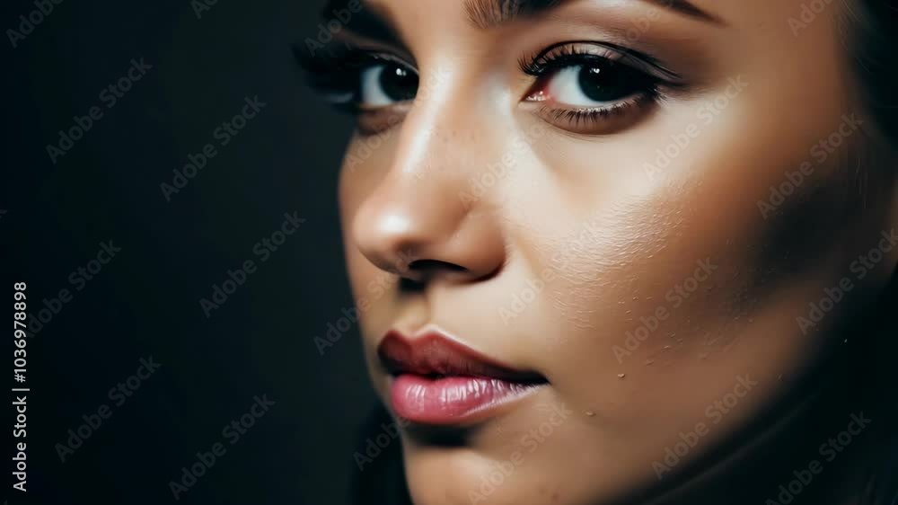 Close-up portrait of a woman with radiant skin and intense gaze in low light Close-up portrait of a woman with radiant skin and intense gaze in low light