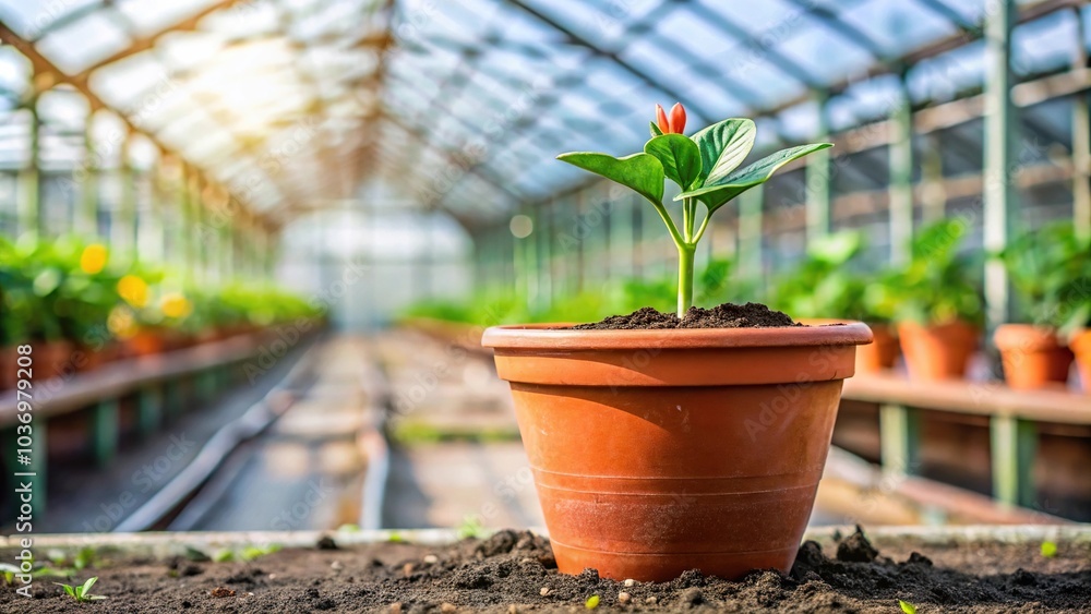 A stem with leaves and flowers emerges from a pot in a greenhouse, botanical garden, indoor gardening A stem with leaves and flowers emerges from a pot in a greenhouse, botanical garden, indoor gardening