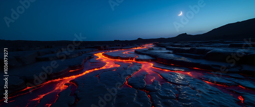  Molten lava glowing in dark volcanic terrain