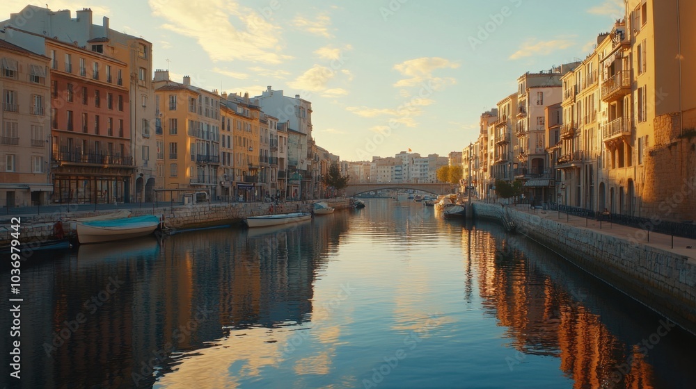 Serene River with Reflections of Colorful Buildings Serene River with Reflections of Colorful Buildings